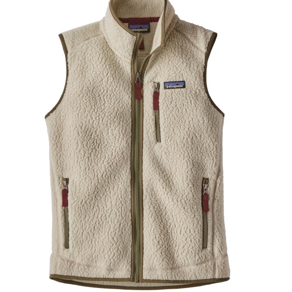 Patagonia Cream Sherpa Fleece Vest with Olive Trim and Burgundy Pulls